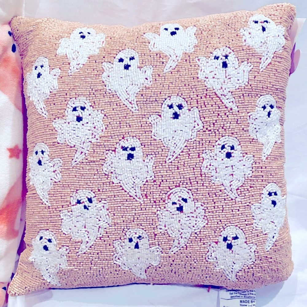 Beaded Decorative Throw Pillow w/Halloween ghosts pink & white by Goblin & Ghoul